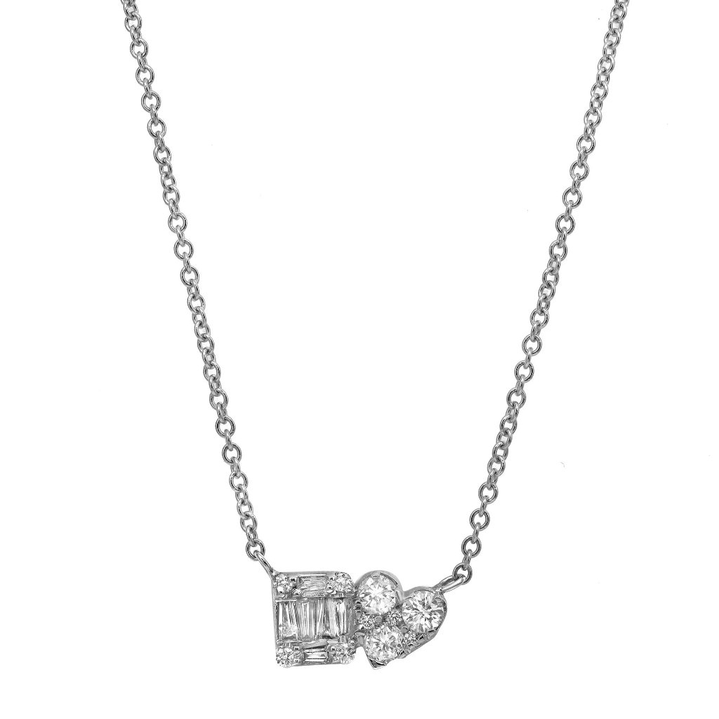 Baguette And Round Cut Diamond Pendant Necklace 14k White Gold 0.44cttw